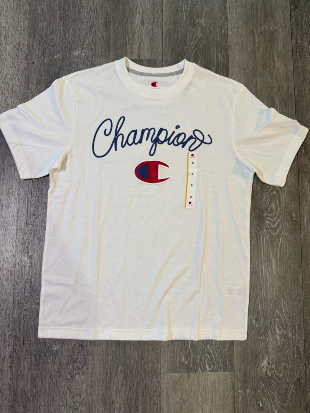 Champion White Tee with Navy Script and Red Logo